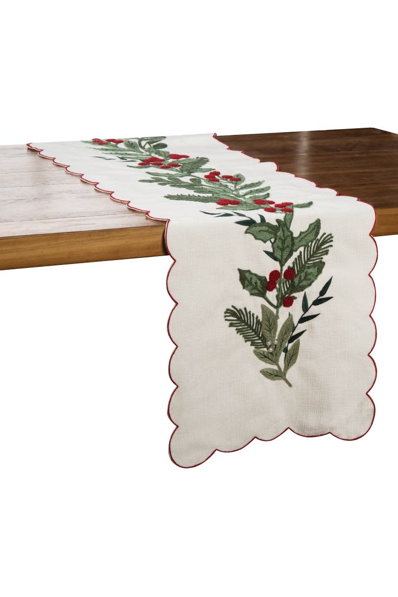 Merry Mistletoe Embroidered Botanical Runner 14" x 72", Main, color, Red