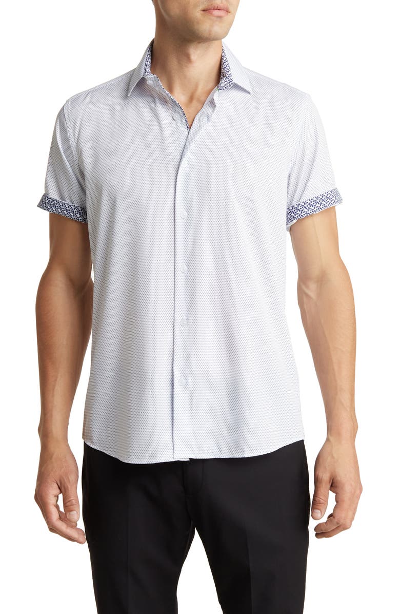 TOM BAINE Slim Fit Short Sleeve Performance Stretch Button-Up Shirt, Main, color, White