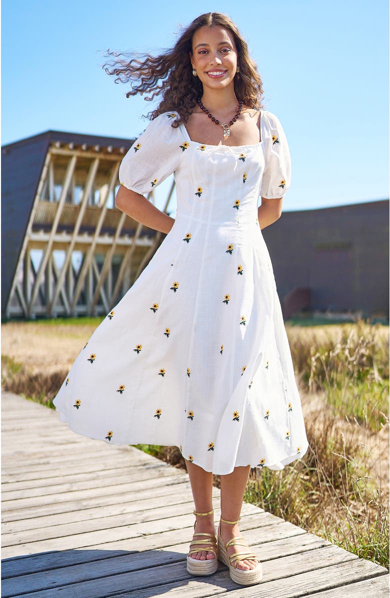 Yumi Cotton Sunflower Embroidered Midi Dress, Alternate, color, White