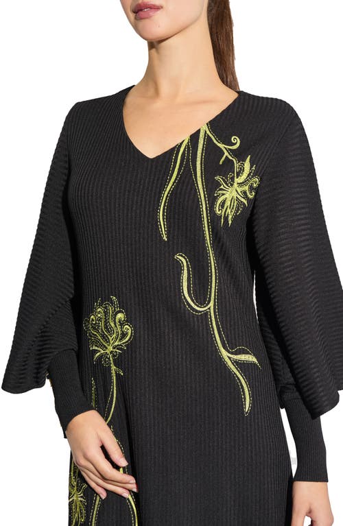 Ming Wang Heritage Fit Floral Embroidery Knit Midi Dress In Black/lemon