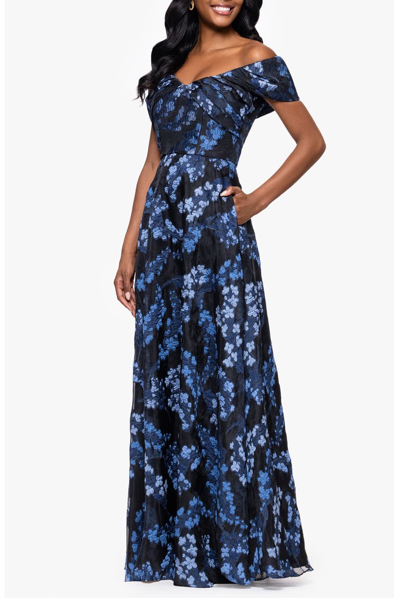 Embroidered Floral Off the Shoulder Gown, Alternate, color, BLUE/ MULTI