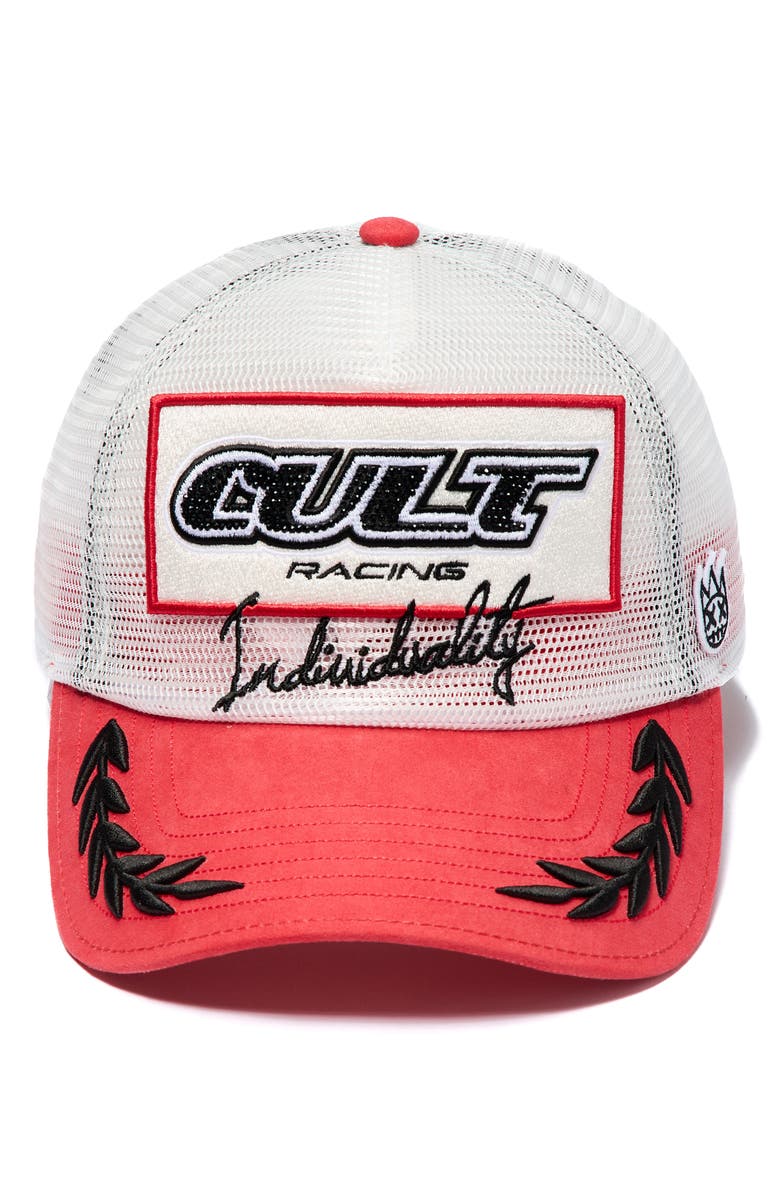 Cult of Individuality Racing Logo Mesh Trucker Hat, Alternate, color,