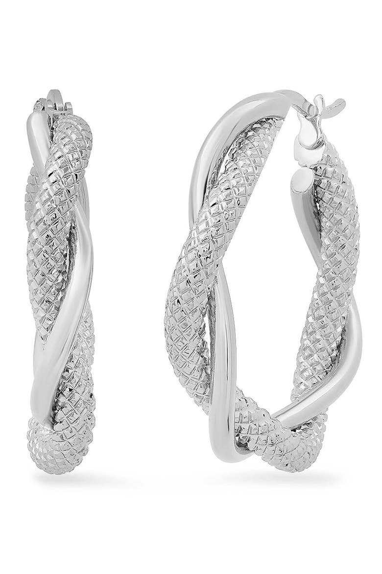 18k Rose Gold Plated Textured Twist Hoop Earrings, Main, color, SILVER