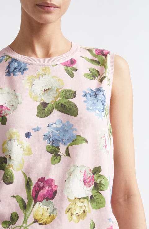 Floral Print Sleeveless Silk & Cotton Sweater