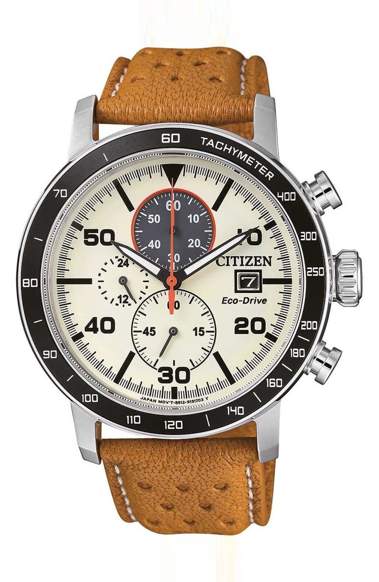 Citizen Brycen Eco-Drive Chronograph Leather Strap Watch, 43mm, Main, color,