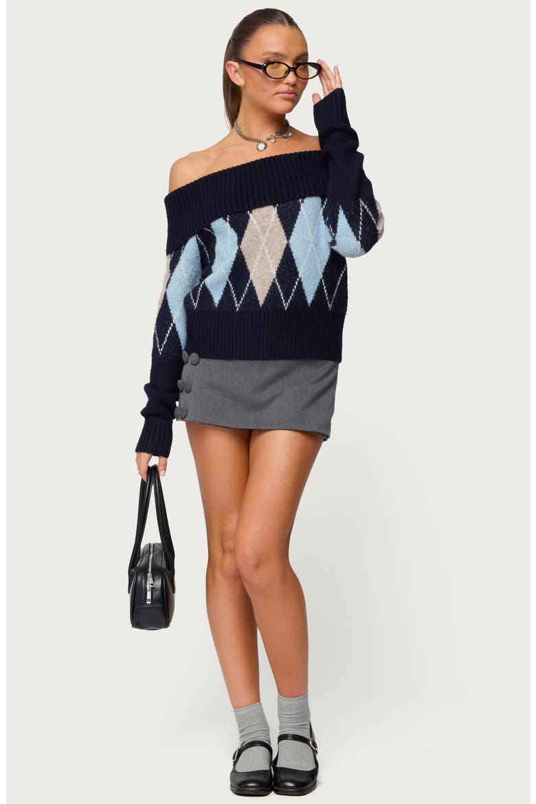 Jakarie Argyle Off the Shoulder Sweater, Alternate, color, NAVY