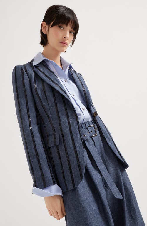 Brunello Cucinelli Paillette Striped Denim-effect Linen Single-breasted Blazer In Denim