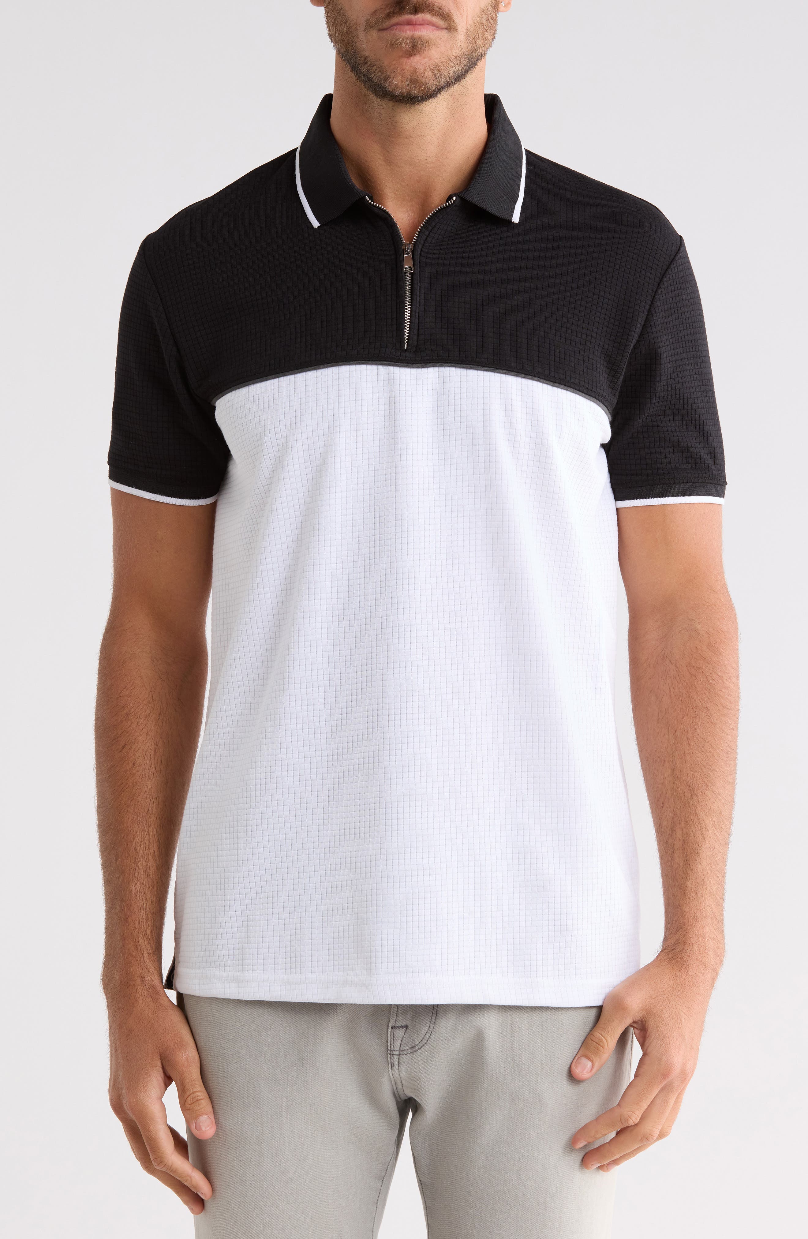 Textured Colorblock Zip Polo