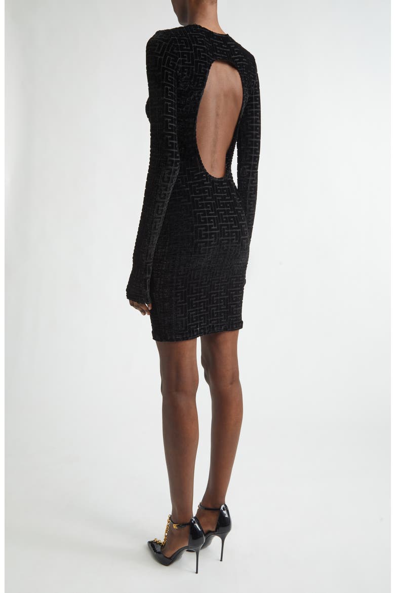 Monogram Jacquard Open Back Long Sleeve Devoré Velvet Body-Con Minidress, Alternate, color, BLACK/ BLACK