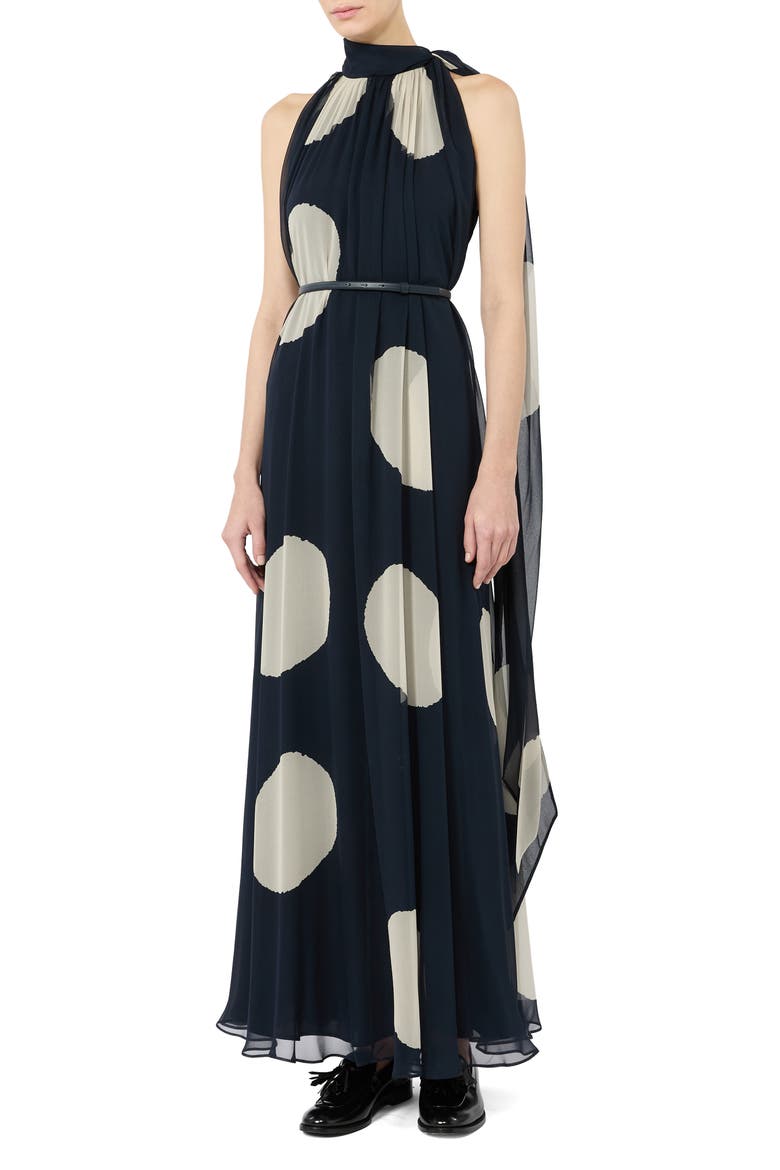 Agente Polka Dot Long Silk Georgette Dress, Main, color, MIDNIGHT BLUE