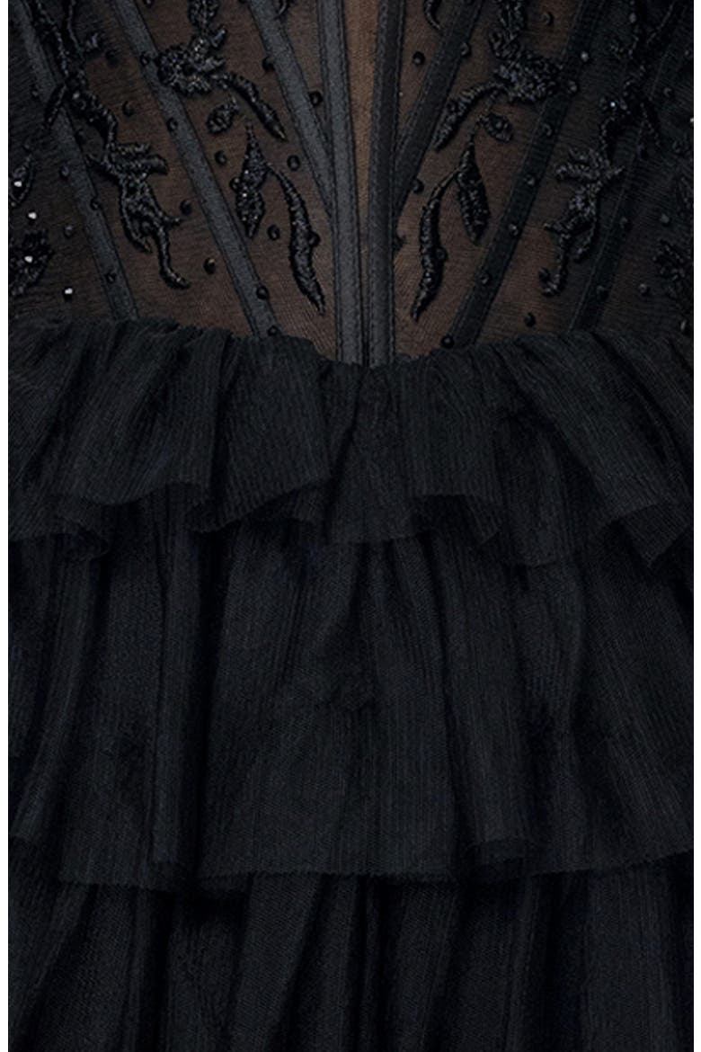 Tiered Ruffle Off the Shoulder Corset Gown, Alternate, color, BLACK