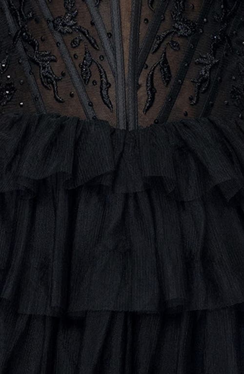 Blondie Nites Tiered Ruffle Off The Shoulder Corset Gown In Black