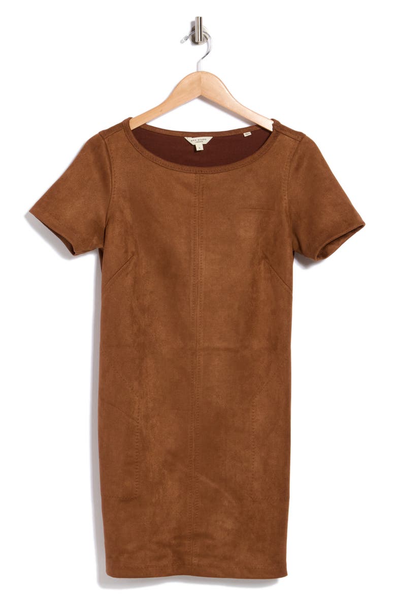 brown suede shift dress MAX STUDIO Faux (Women) juniors V Neck Backless Black Size:9/10 Dress sleeve turtleneck underneath