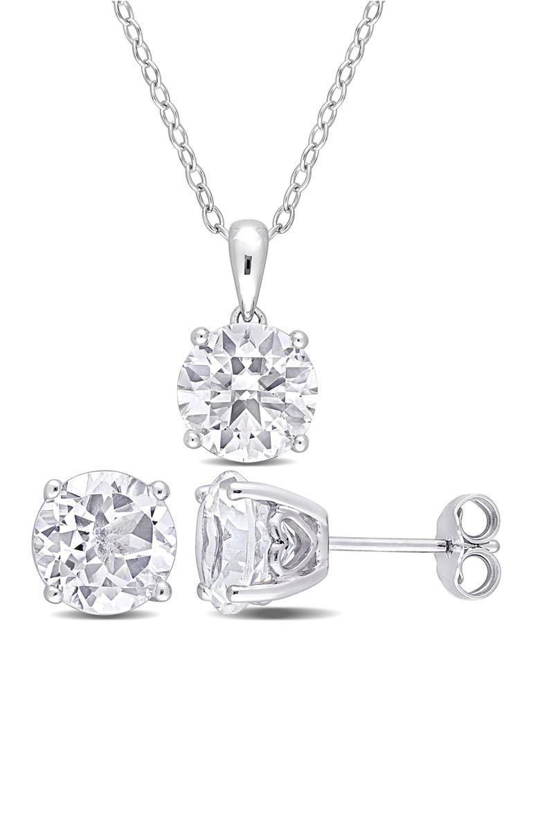 DELMAR Sterling Silver Round White Topaz Stud Earrings & Pendant Necklace Set, Main, color, Silver