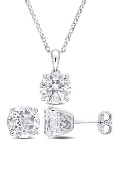 Sterling Silver Round White Topaz Stud Earrings & Pendant Necklace Set