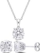 DELMAR Sterling Silver Round White Topaz Stud Earrings & Pendant Necklace Set