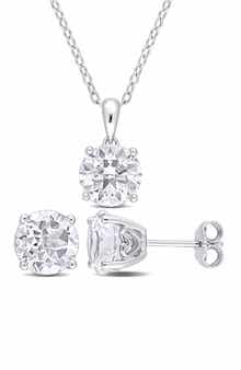 DELMAR Sterling Silver Round White Topaz Stud Earrings & Pendant Necklace Set