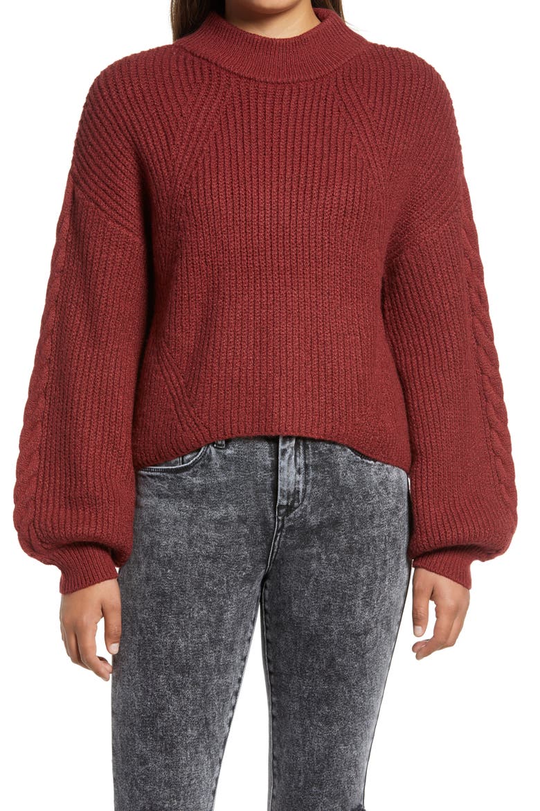 Cable Knit Balloon Sleeve Sweater, Main, color, RED POMEGRANATE