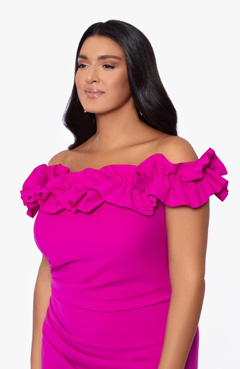 Xscape Evenings Off the Shoulder Ruffle Scuba Crepe Gown, Alternate, color, 