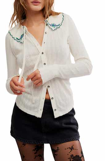 Free People Juniper Embroidered Pointelle Cotton Button-Up Top