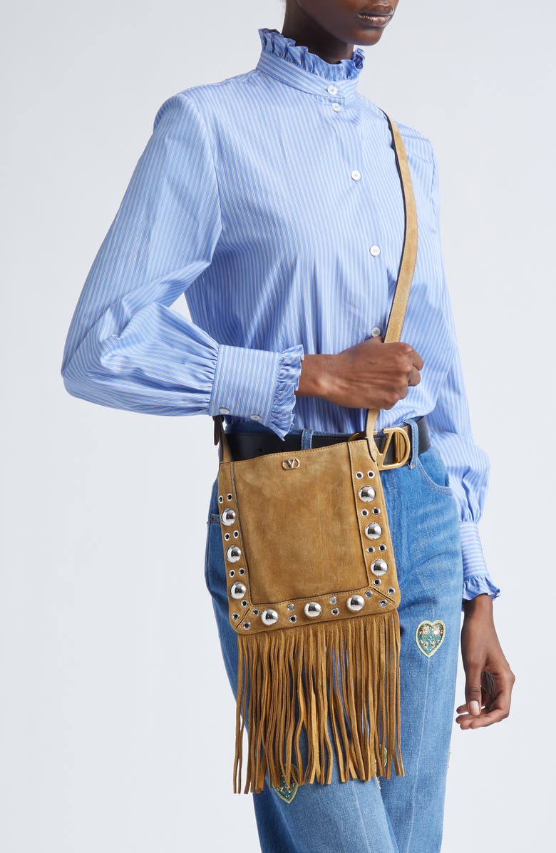Valentino Garavani Small Nellcôte Fringed Studded Suede Crossbody Bag, Alternate, color, Beige