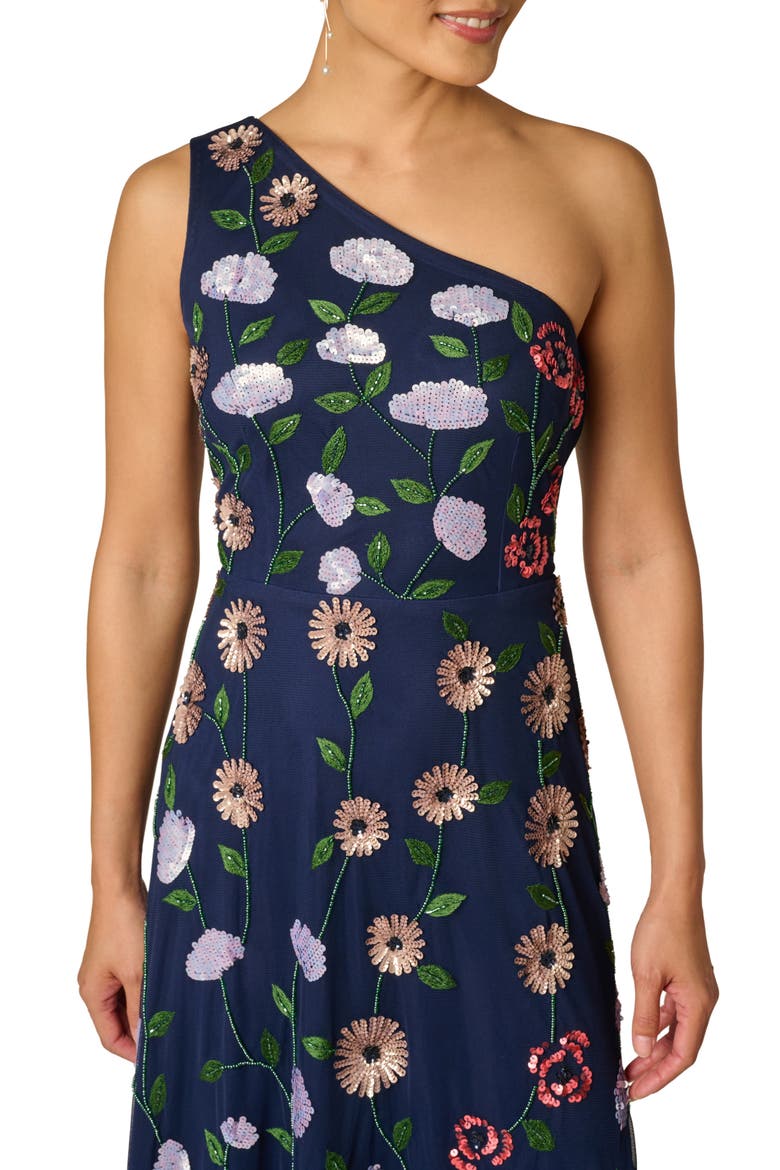 Beaded One-Shoulder Mesh Gown, Alternate, color, NAVY MULTI