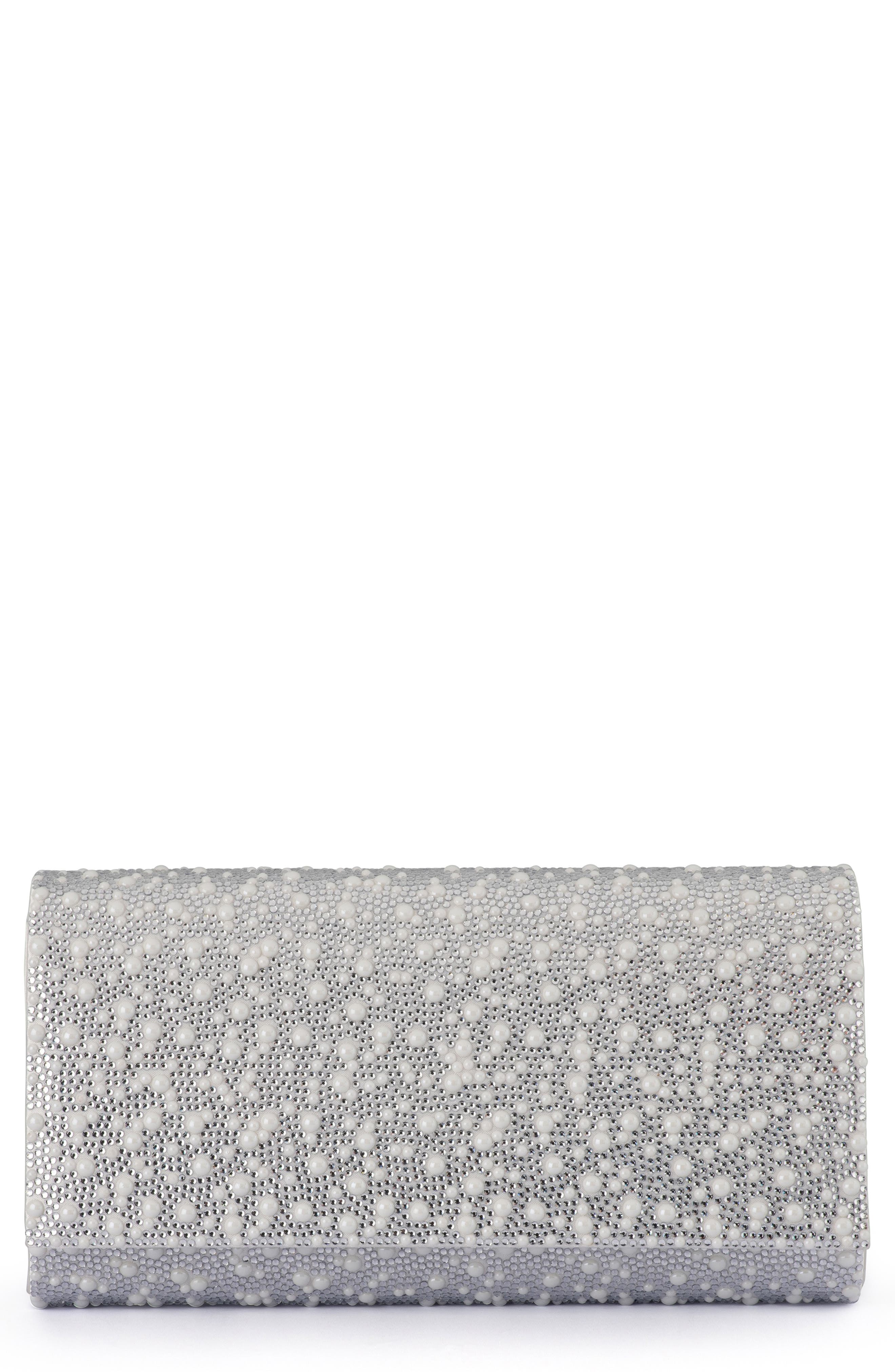 Olga Berg Dana Crystal & Faux Pearl Clutch, Main, color, Pearl Silver