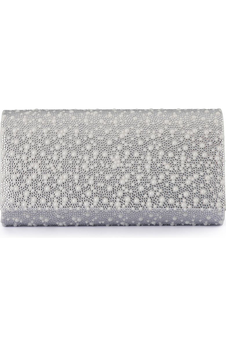 Olga Berg Dana Crystal & Faux Pearl Clutch, Main, color, Pearl Silver