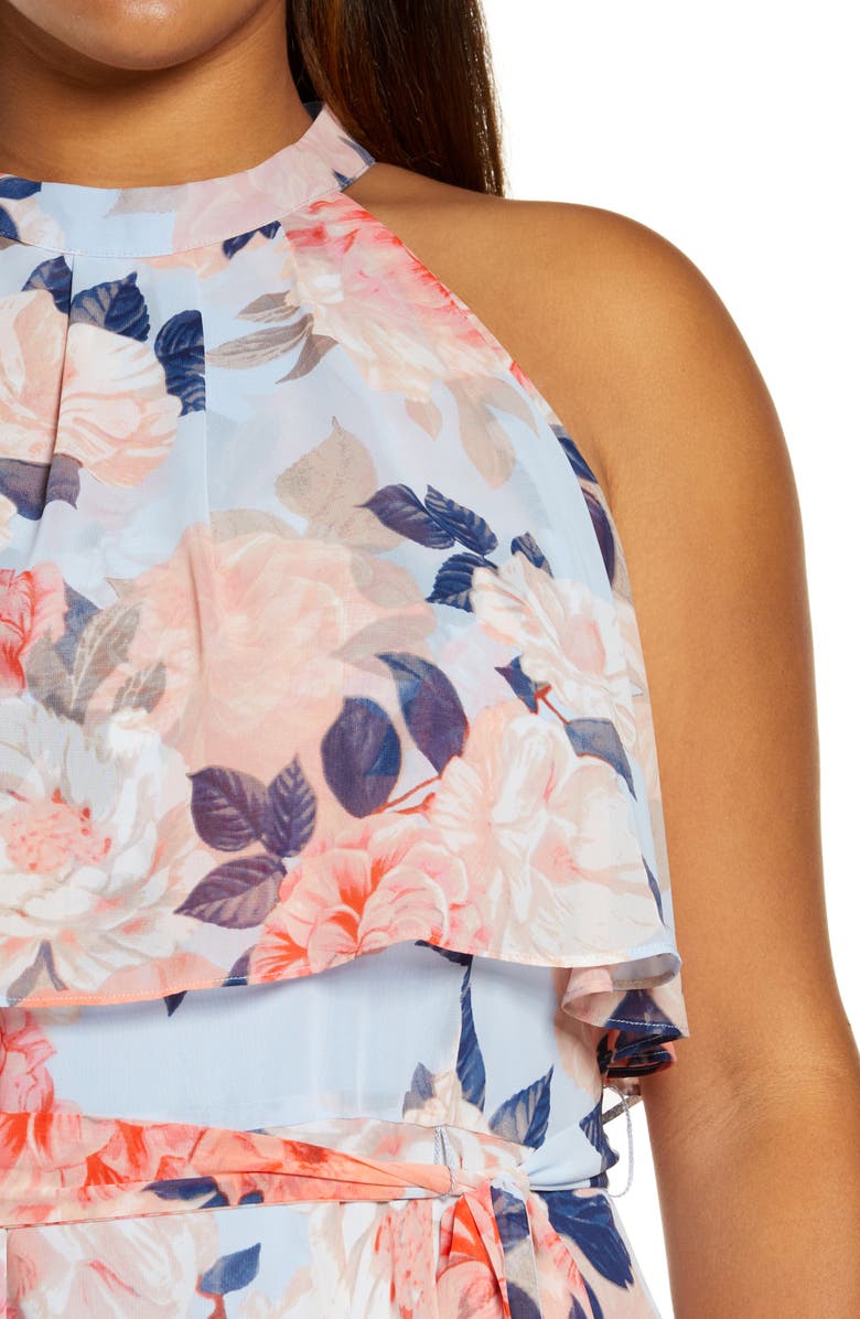 Eliza J Floral Popover Bodice High-Low Chiffon Dress, Alternate, color,