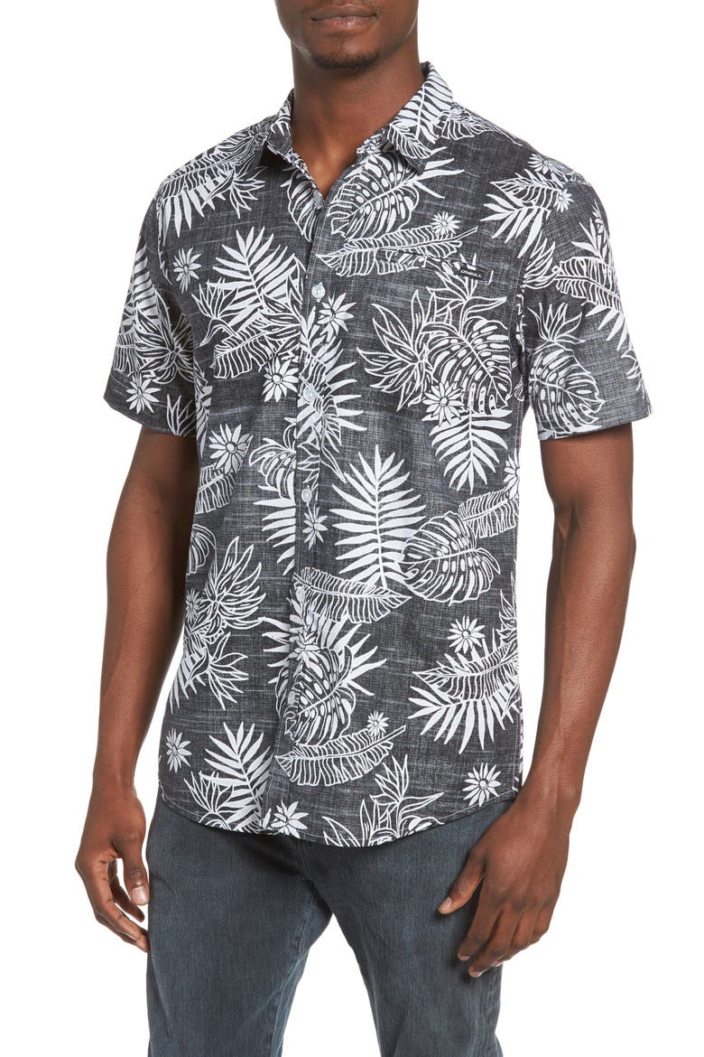 Tradewinds Reverse Print Palm Leaf Shirt, Main, color, BLACK