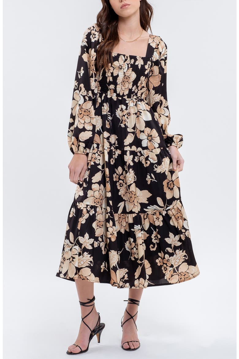 Floral Long Sleeve Midi Dress, Main, color, BLACK MULTI