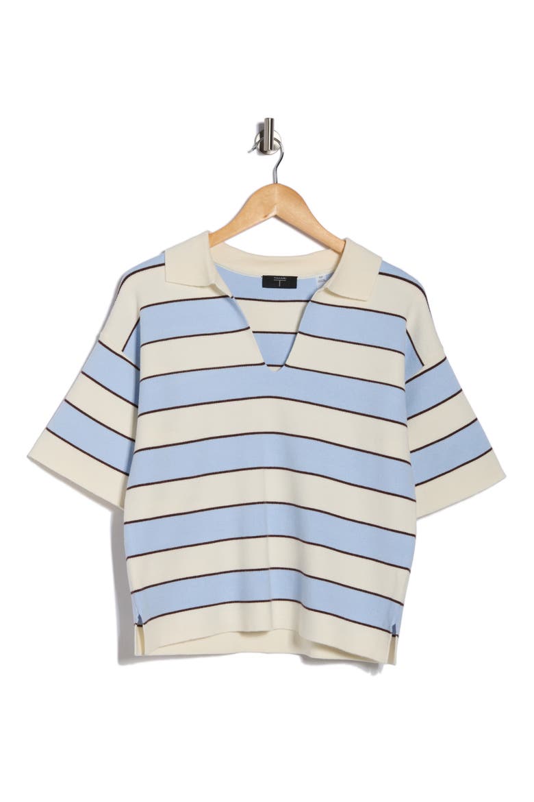 Stripe Short Sleeve Polo Sweater, Alternate, color, IVORY/ CHOCOLATE/ PASTEL BLUE