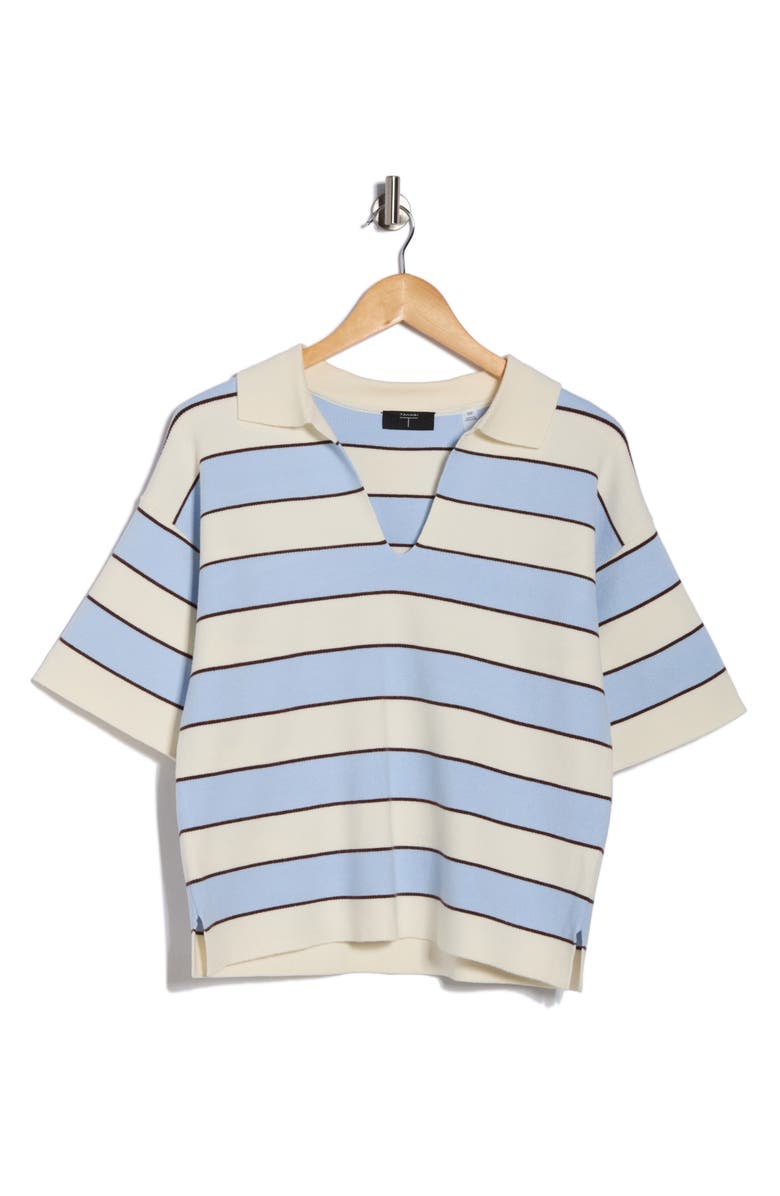 T Tahari Stripe Short Sleeve Polo Sweater, Main, color, Ivory/ Chocolate/ Pastel Blue