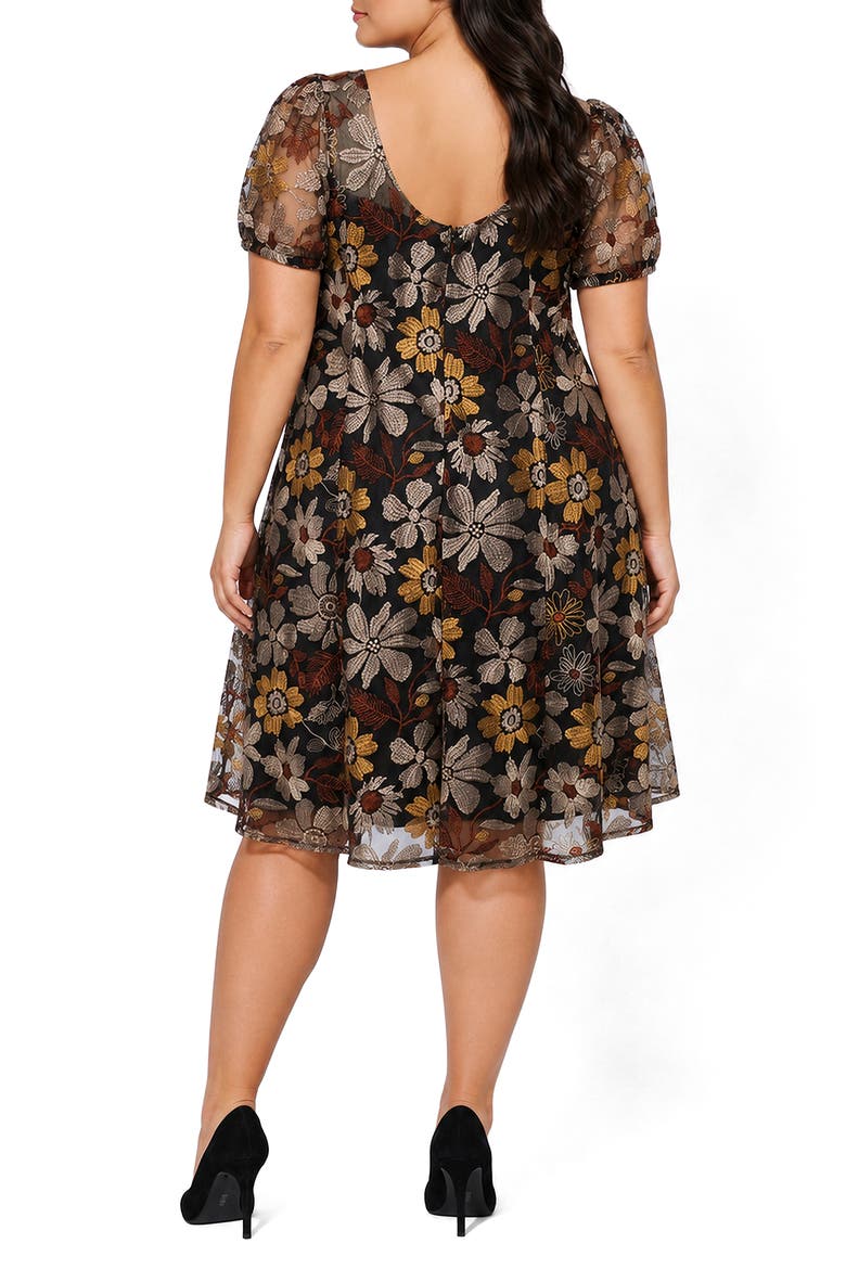 Embroidered Puff Sleeve Fit & Flare Dress, Alternate, color, GOLD CHOCOLATE