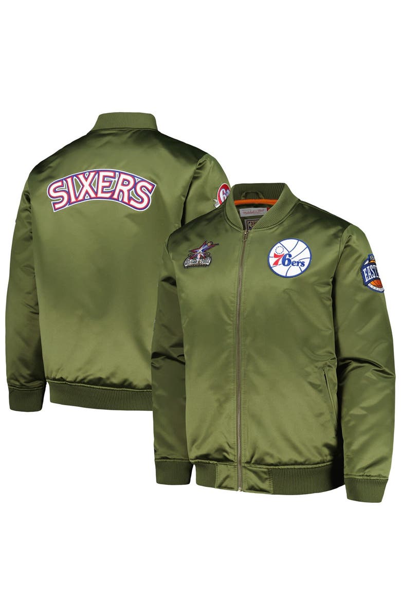 Mitchell & Ness Men's Mitchell & Ness Olive Philadelphia 76ers Hardwood Classics Retro Satin Full-Zip Jacket, Main, color, 