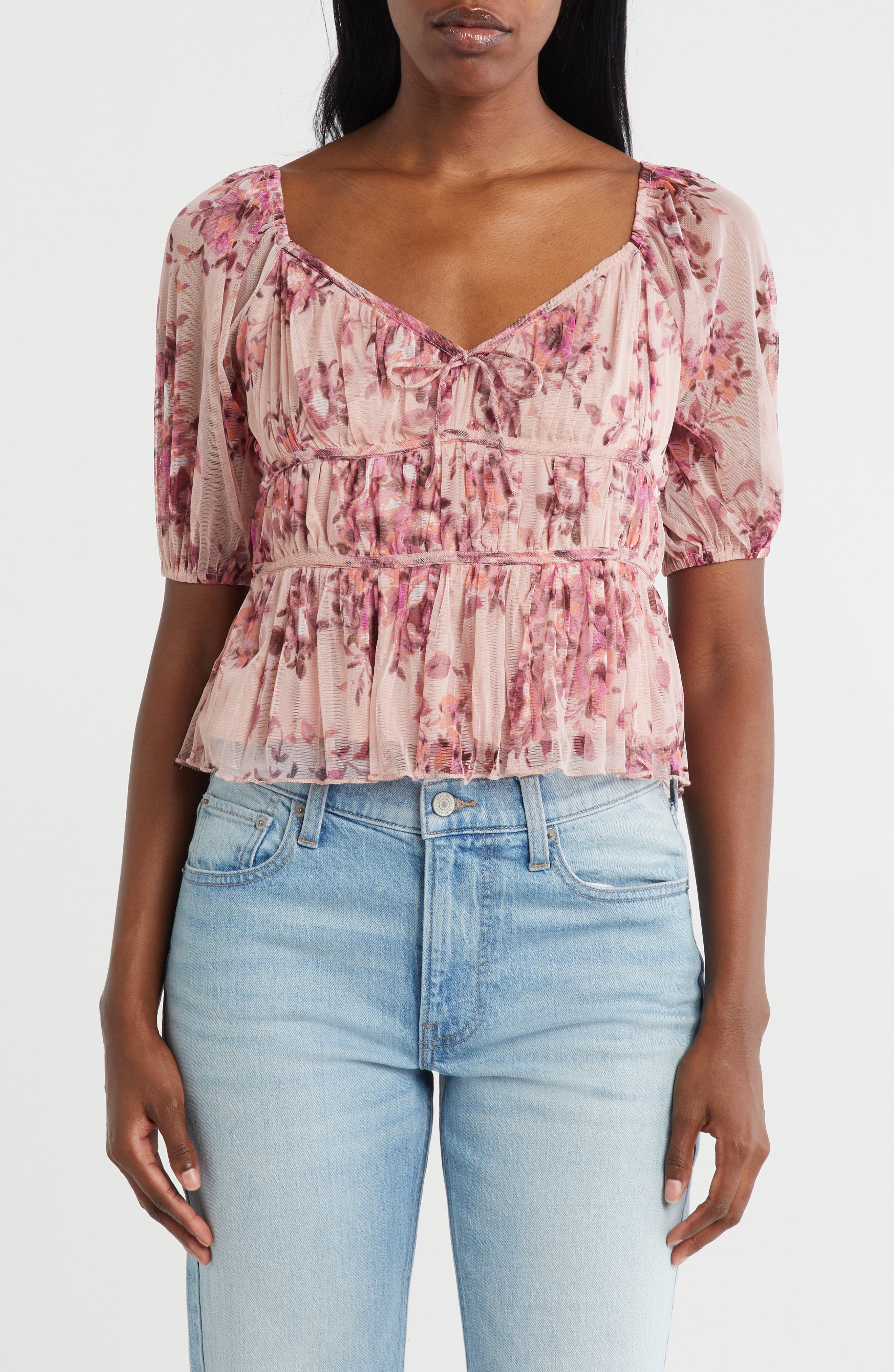 Lucky Brand Print Smocked Mesh Top