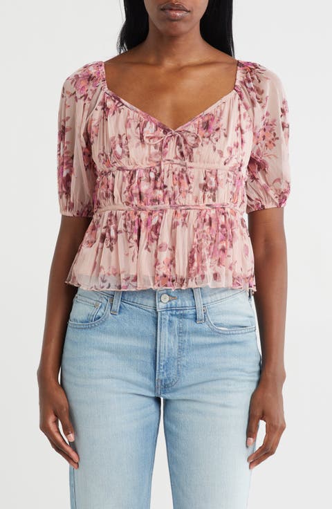 Print Smocked Mesh Top