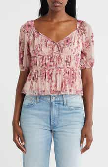 Lucky Brand Print Smocked Mesh Top