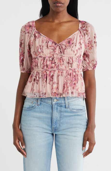 Lucky Brand Print Smocked Mesh Top