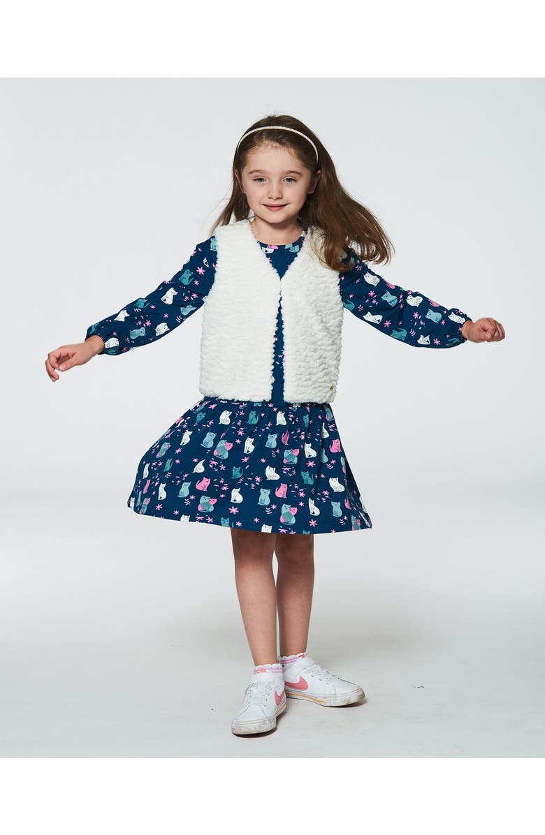Deux par Deux Girl's Printed Long Sleeve Dress Navy Blue With Kitten, Alternate, color,