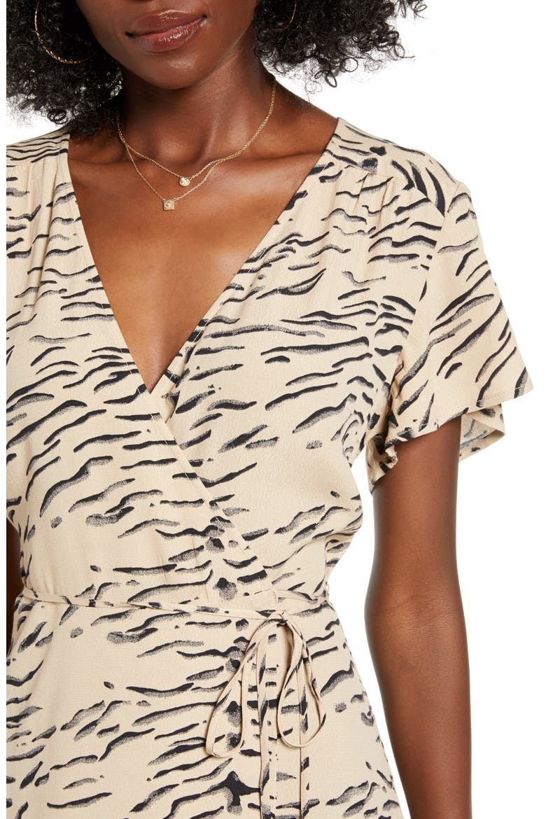Print Flutter Sleeve Wrap Dress, Alternate, color, TAN TAUPE DISAPPEARING ANML