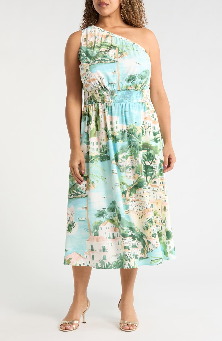 SUGARLIPS Piti Town Islay Smocked Midi Dress, Main, color, Aqua-Multi