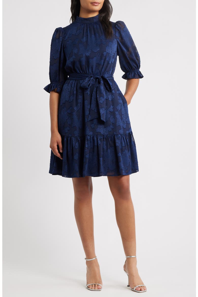 Floral Jacquard Metallic Stripe Chiffon Dress, Main, color, NAVY