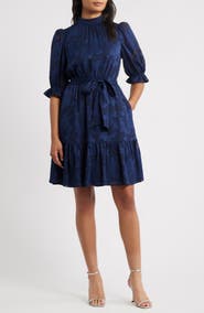 Eliza J Floral Jacquard Metallic Stripe Chiffon Dress