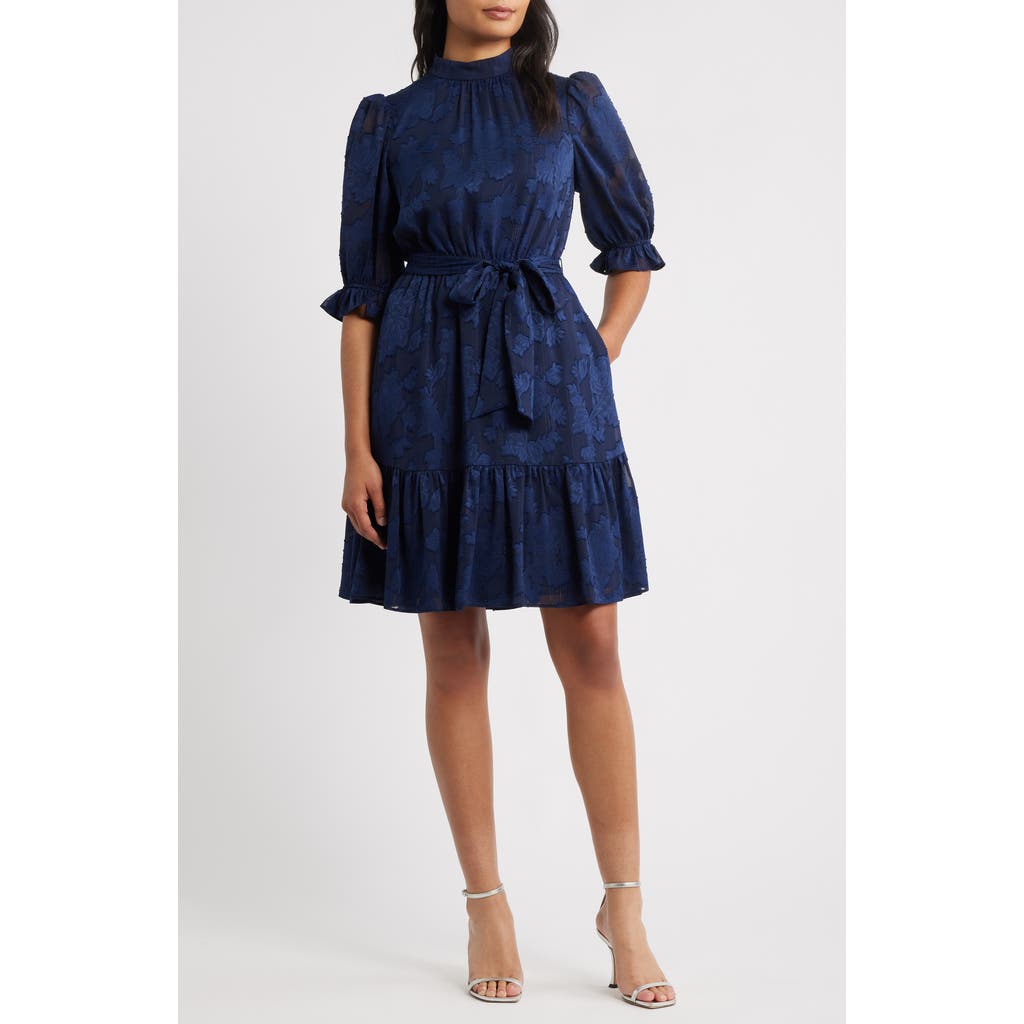 Eliza J Floral Jacquard Metallic Stripe Chiffon Dress In Blue