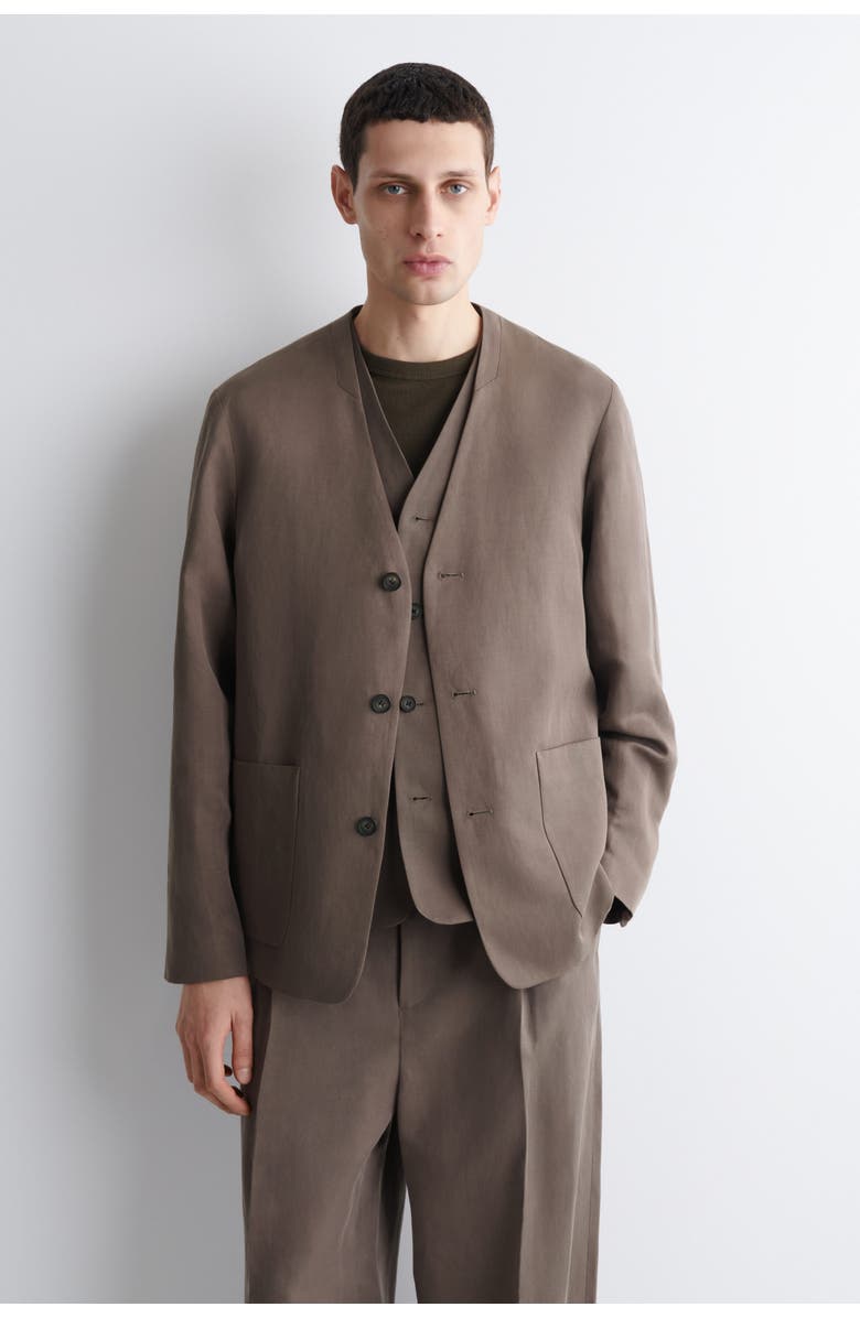 COS Collarless Linen-Blend Blazer, Main, color, Brown