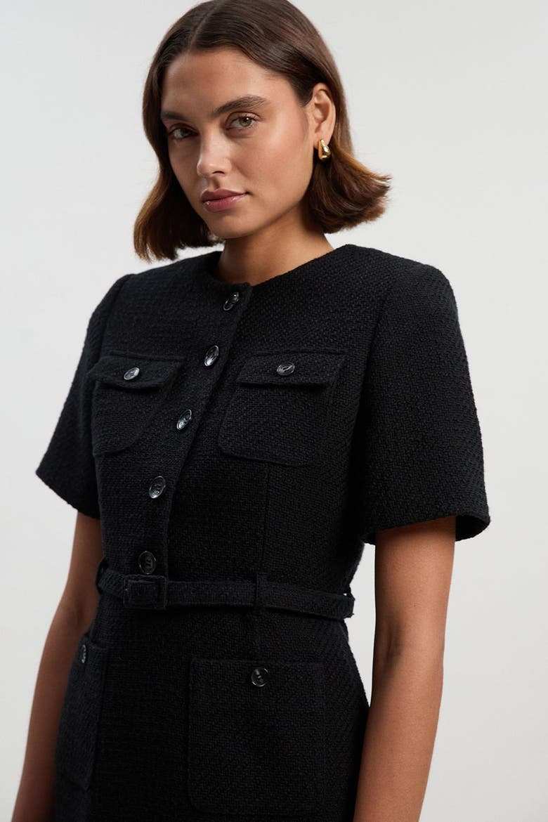 Tweed Belted Mini Dress, Alternate, color, Black