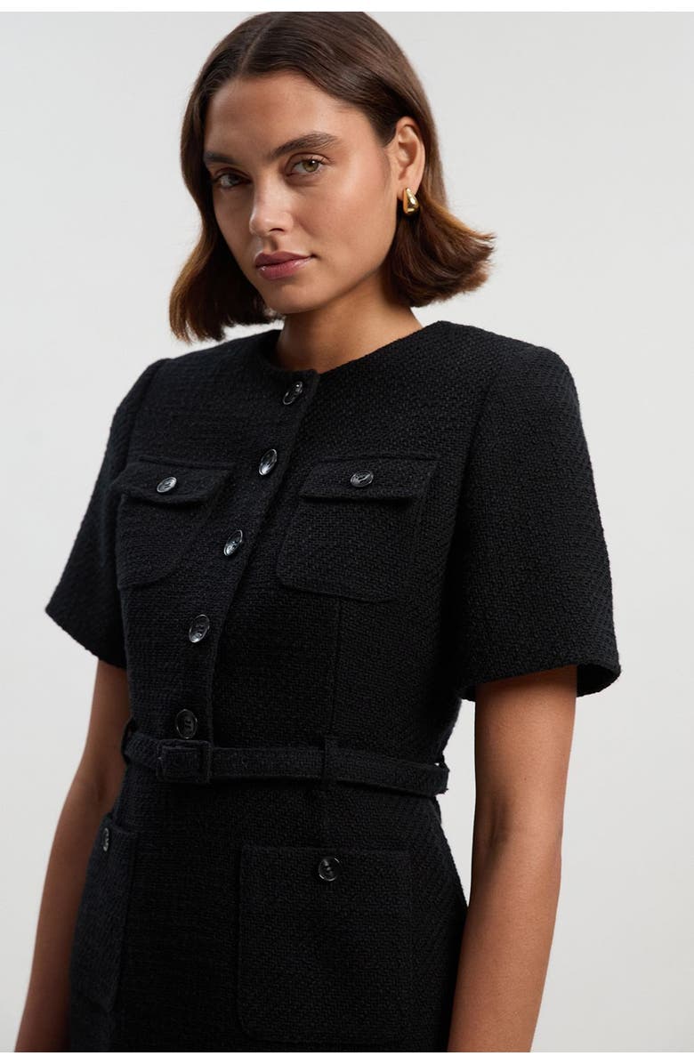 Karen Millen Tweed Belted Mini Dress, Alternate, color, Black