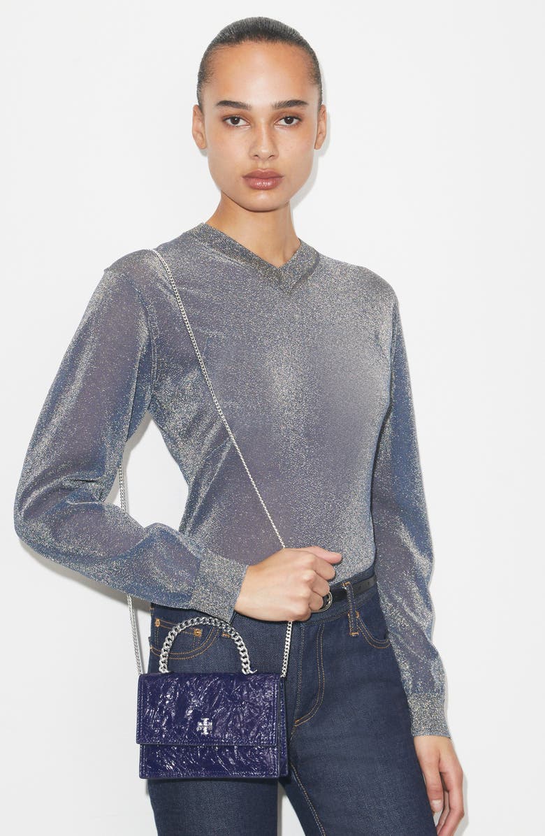 Tory Burch Kira Distressed Mini Top Handle Wallet on a Chain, Alternate, color, Ballpoint Blue