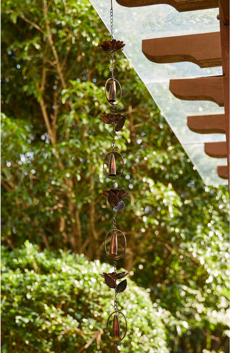 Glitzhome 8.5ft 20-Piece Faux Copper Lotus Flower and Bell Shaped Rain Chain with V-Shaped Gutter Clip, Alternate, color, Brown